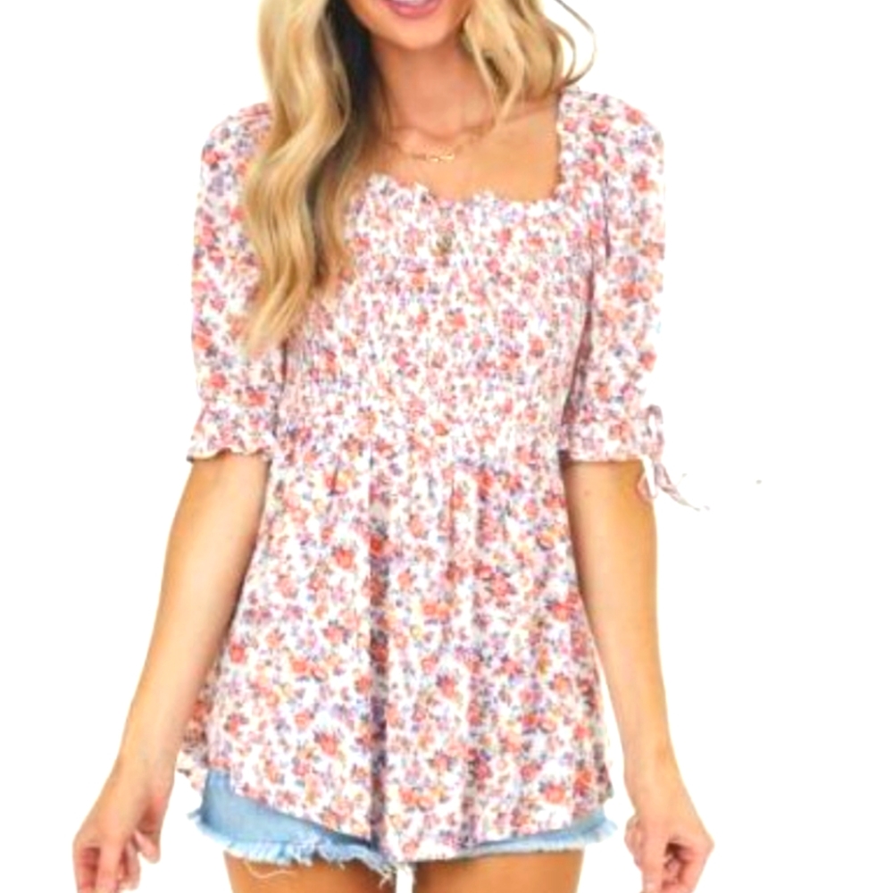 Smocked Floral Jodifl/Lime Lush Shirt, Floral Print White with Pink Puff Sleeve